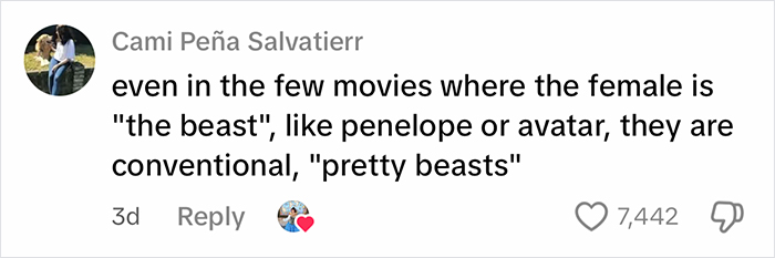 Comment by Cami Pe&ntilde;a Salvatier discussing beauty standards in fairy tales focusing on human female and male beast roles.