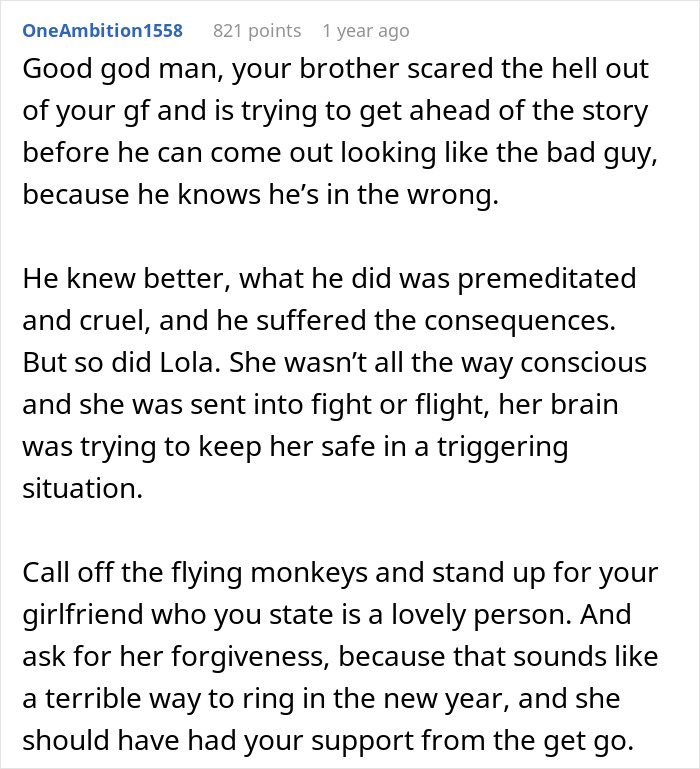 Reddit comment discusses family wanting man to break up due to prank on girlfriend.