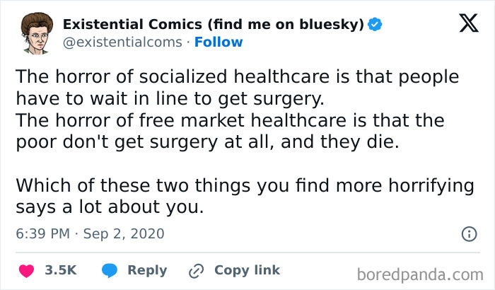 Tweet by Existential Comics comparing horrors of socialized vs. free market healthcare, referencing anti-work capitalism struggles.