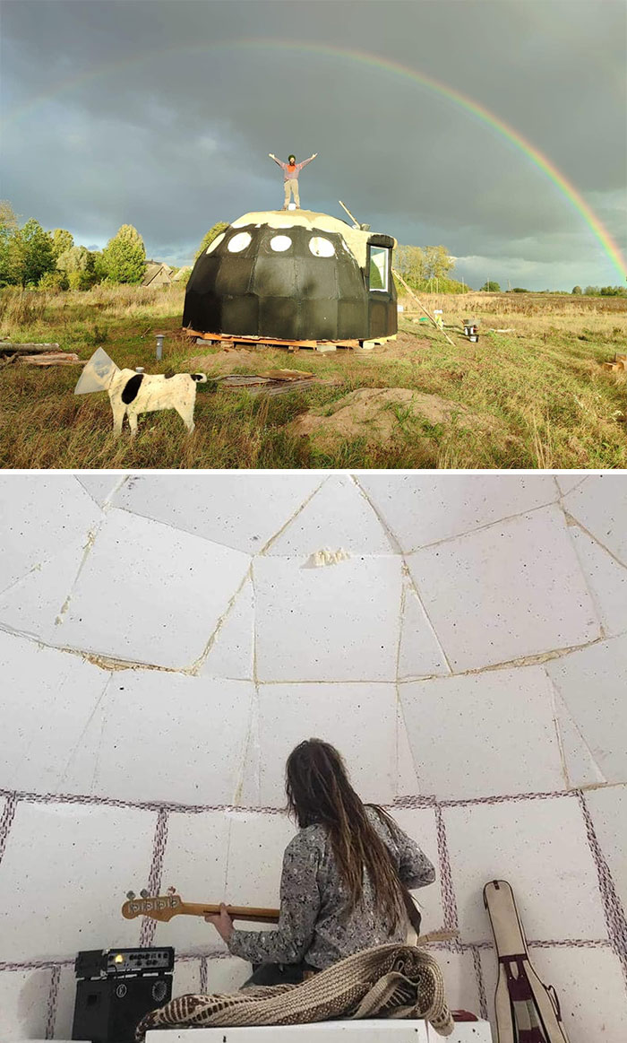 Unique and wild real estate property with dome-shaped house in field and person playing guitar inside the unusual home.