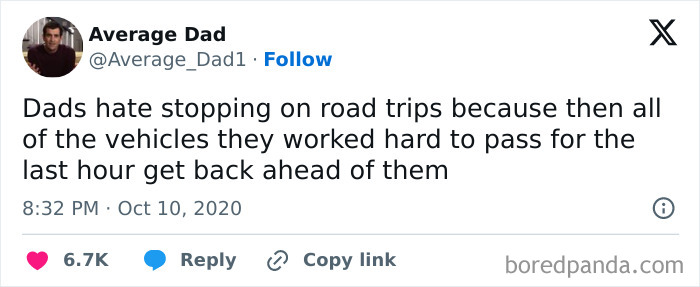 Parenting meme from 'How To Be A Dad' account about dads disliking stops on road trips.
