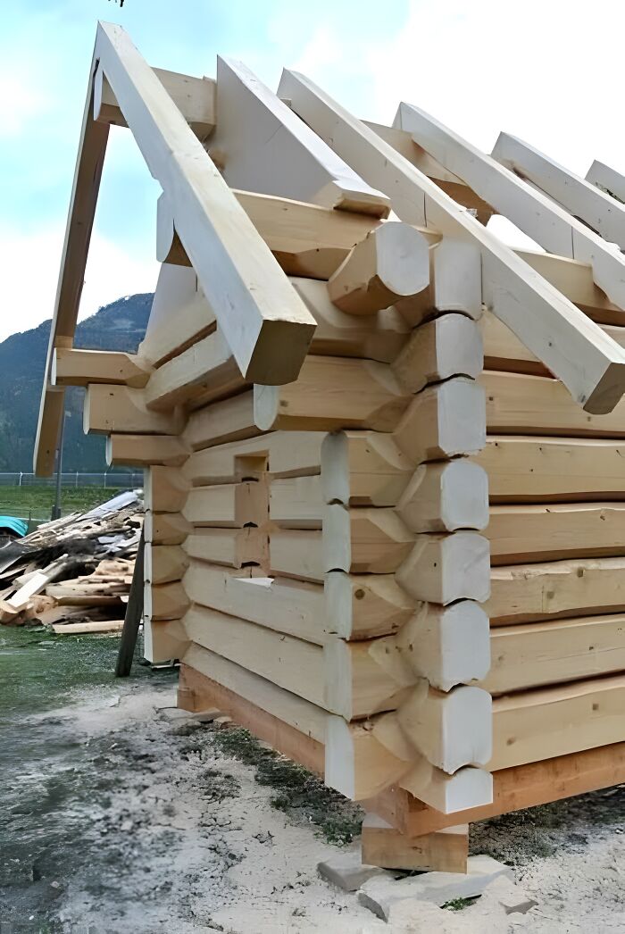 Woodworking ideas of a partially built log cabin using large, smooth wooden beams in an outdoor setting.