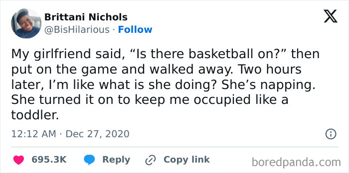 Humorous love meme about a girlfriend using basketball to keep her partner occupied.