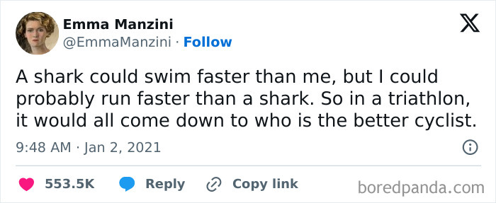 Funny meme about shark versus human triathlon skills and cycling abilities.