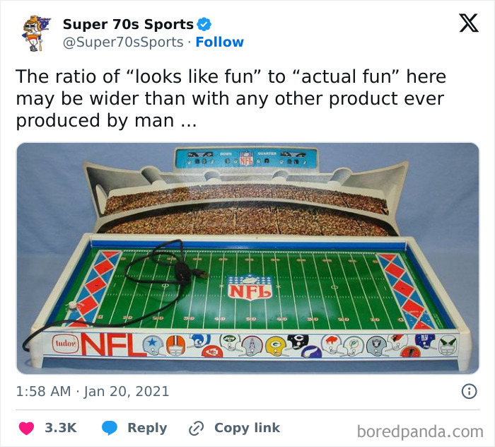 Retro tabletop NFL game with a mini football field, reminding you of nostalgic times.