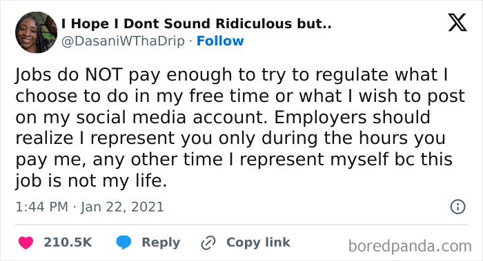 Anti-work tweet about job boundaries and personal freedom in capitalism.