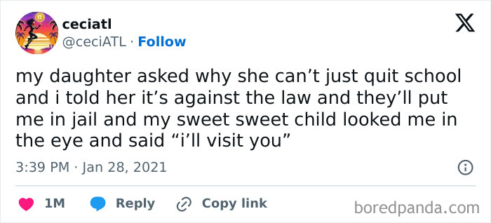 A funny tweet about a child's humorous response when told about school laws.