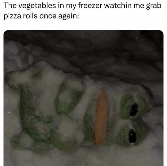 Funny meme showing a frozen frog lying in snow with caption about vegetables watching pizza rolls grab.