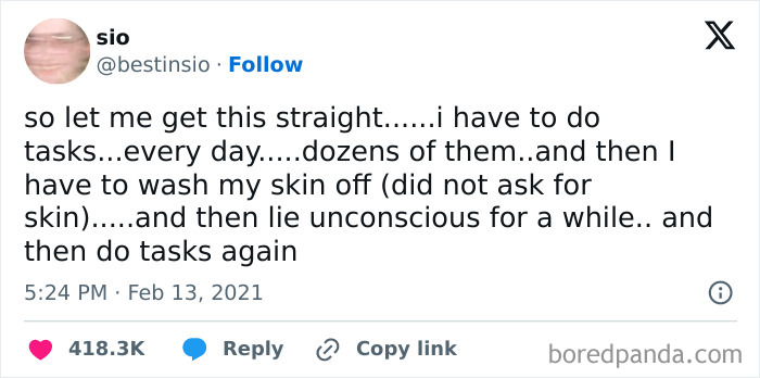 Millennial humor meme about daily tasks, skin care, and exhaustion gaining social media likes.