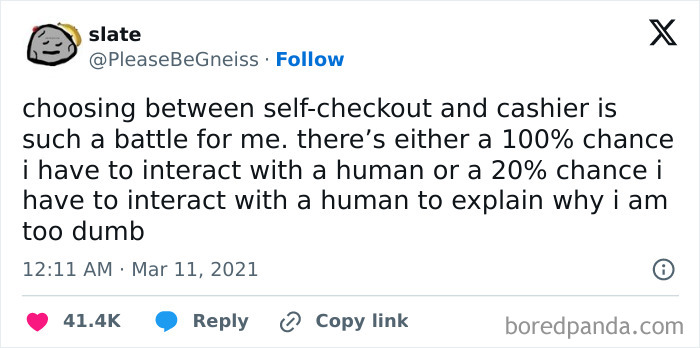 Anti-social meme about choosing between self-checkout and cashier to avoid human interaction.