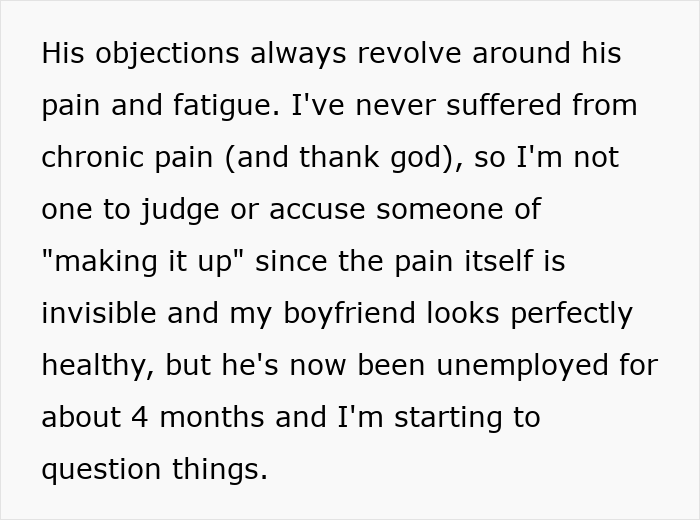Text discussing a boyfriend's claims of chronic pain and fatigue despite looking healthy.