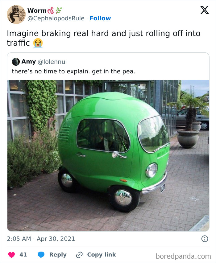 Green pea-shaped car with humorous caption about rolling into traffic. Funny memes theme.