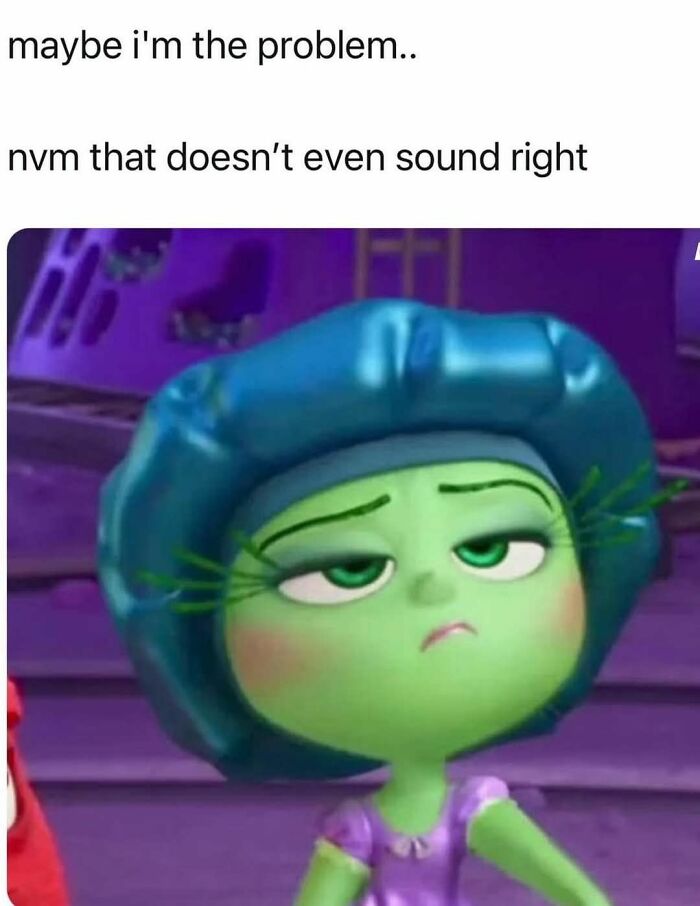 Animated character with unimpressed expression and text about self-doubt in a funny meme for noise insulation keywords.