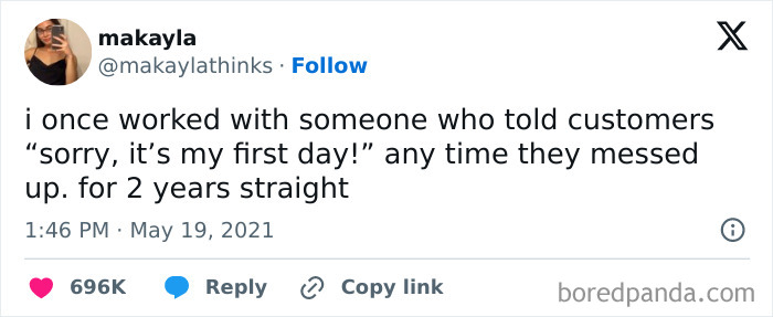 Tweet about coworker using "first day" excuse for mistakes, relatable memes.