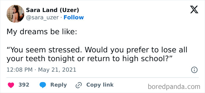 A relatable meme about stress dreams, offering a humorous choice between losing teeth and returning to high school.