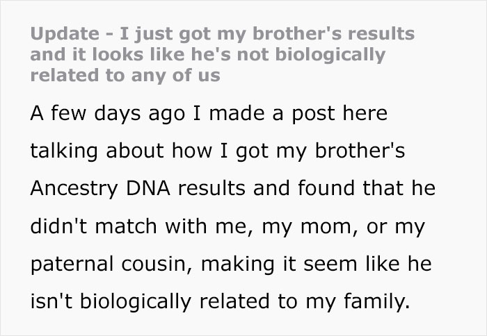 Text discussing shocking DNA results revealing non-biological family connections.