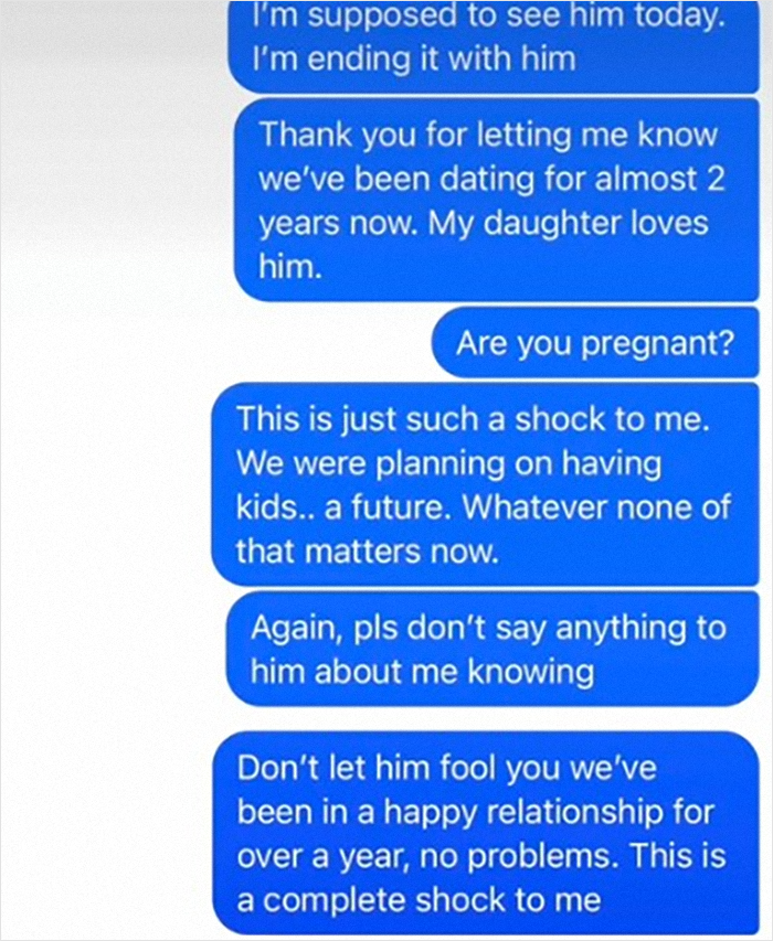Text messages revealing a cheating boyfriend and pregnancy news, causing shock and heartbreak.