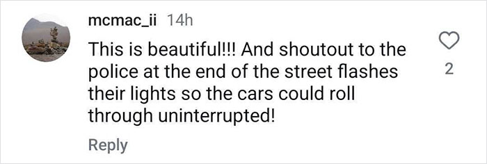 Comment praising sports car lovers for surprising a boy on his birthday, mentioning police aiding the parade.