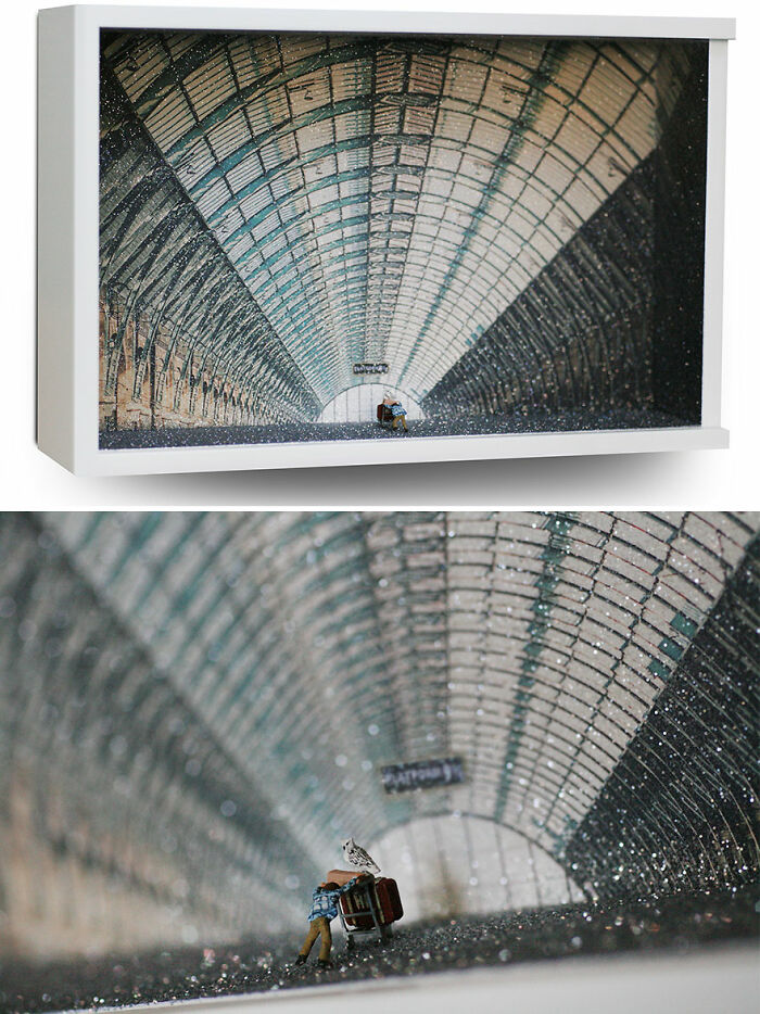 Miniature traveler reading a newspaper in a detailed archway tunnel, showcasing a secret world.