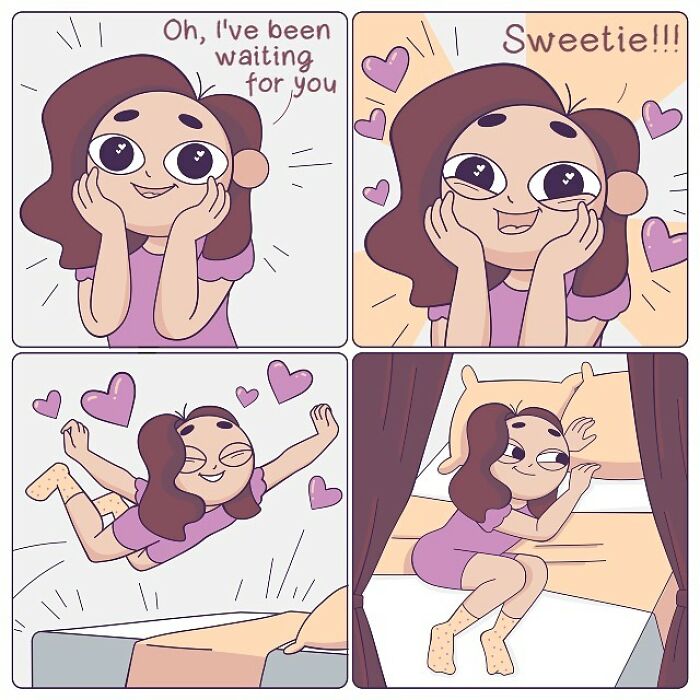 Comic of a girl eagerly jumping onto her bed, capturing relatable everyday life moments with joy.