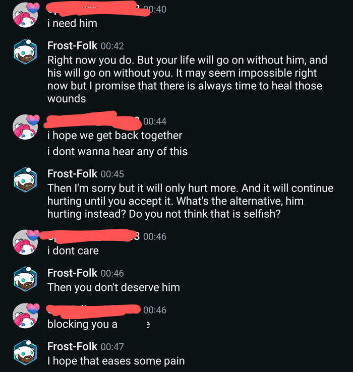 Online chat exchange about deservedness and reality check in relationships.