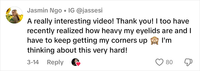 Social media comment praising a video on gory eyelid surgery aftermath; user shares concern about heavy eyelids. Social media comment praising a video on gory eyelid surgery aftermath; user shares concern about heavy eyelids.