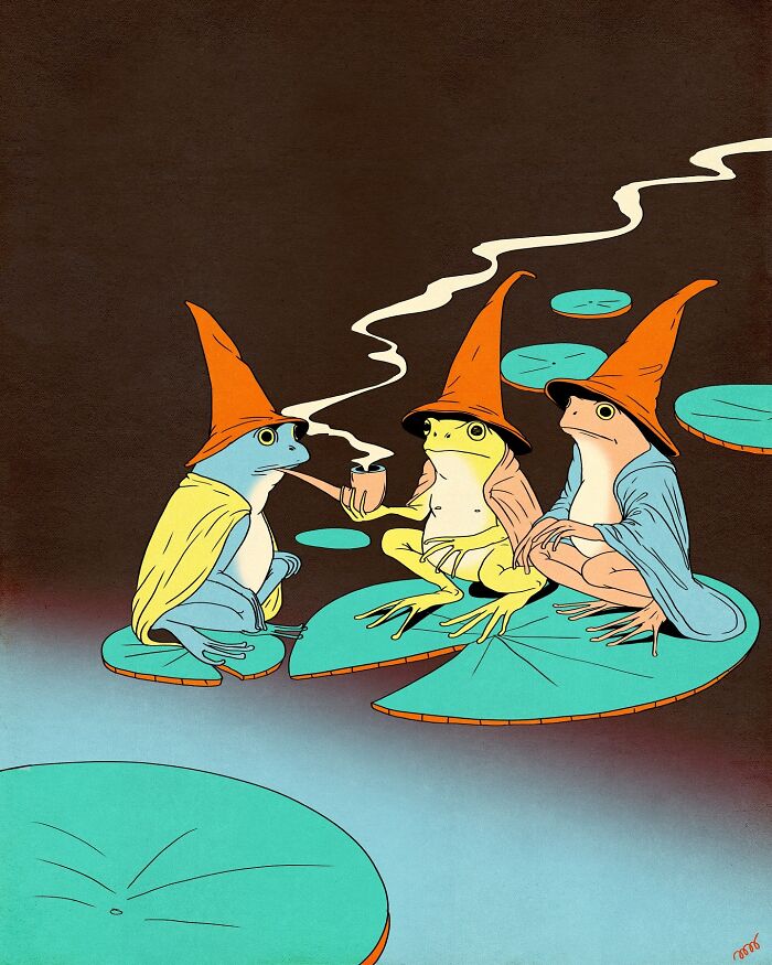 Three vibrant frogs in wizard hats sit on lily pads, smoking pipes, showcasing María Jesús Contreras' illustrative style.