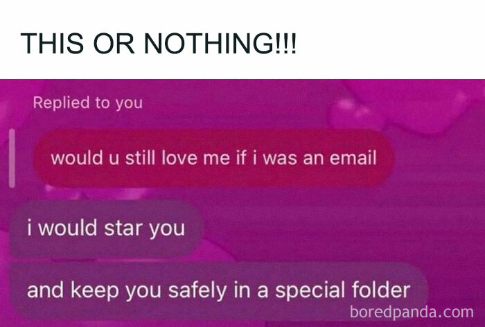Text message meme with a humorous exchange about love via email, a starred message, and a special folder.