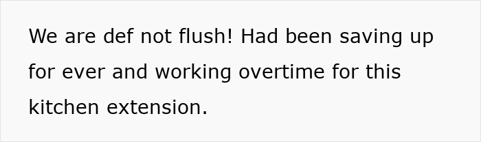 Text image with a quote about saving money and working overtime for a kitchen extension.