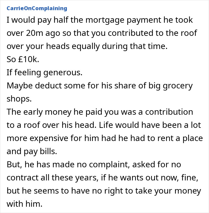 Text discussing a chaotic breakup with financial disputes over $25,000 after a 7-year relationship ends.