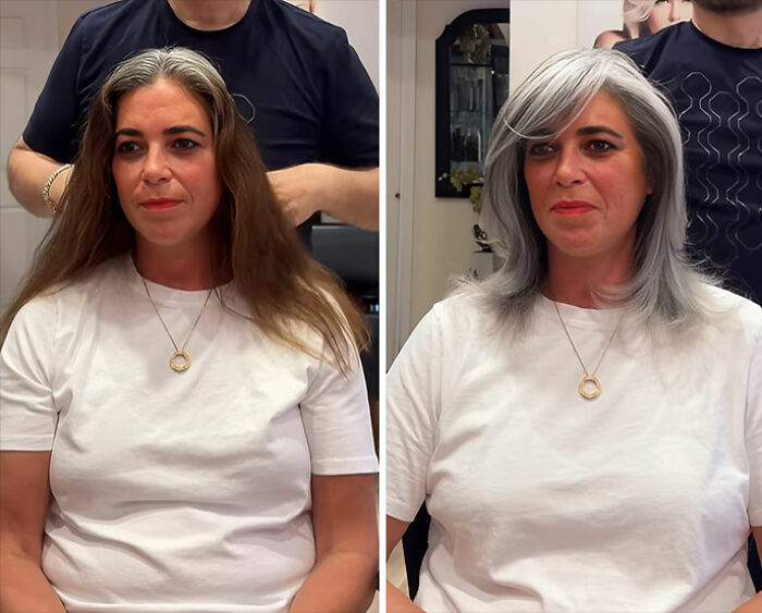 Woman before and after embracing natural gray hair, wearing a white shirt in a hair salon setting.