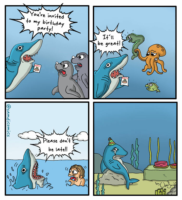 Comic strip showing a shark inviting sea creatures to a birthday party, with a dark twist ending underwater.