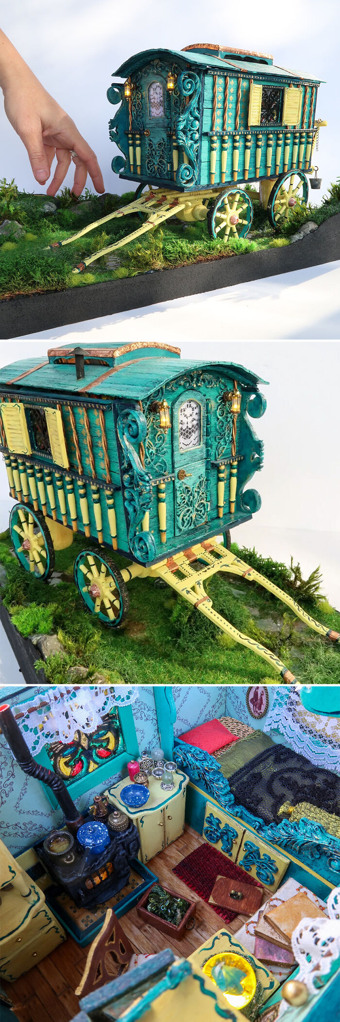Miniature g***y wagon by Tamar Cohen with intricate details, showcasing a tiny world inside and out.