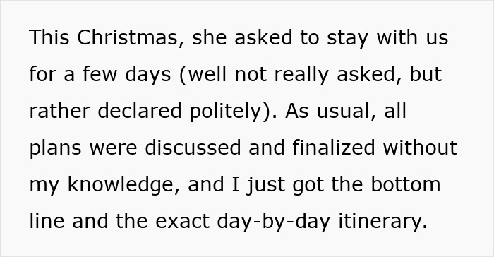 Text excerpt about controlling behavior from a sister-in-law causing long-term frustration and a final response after many years.