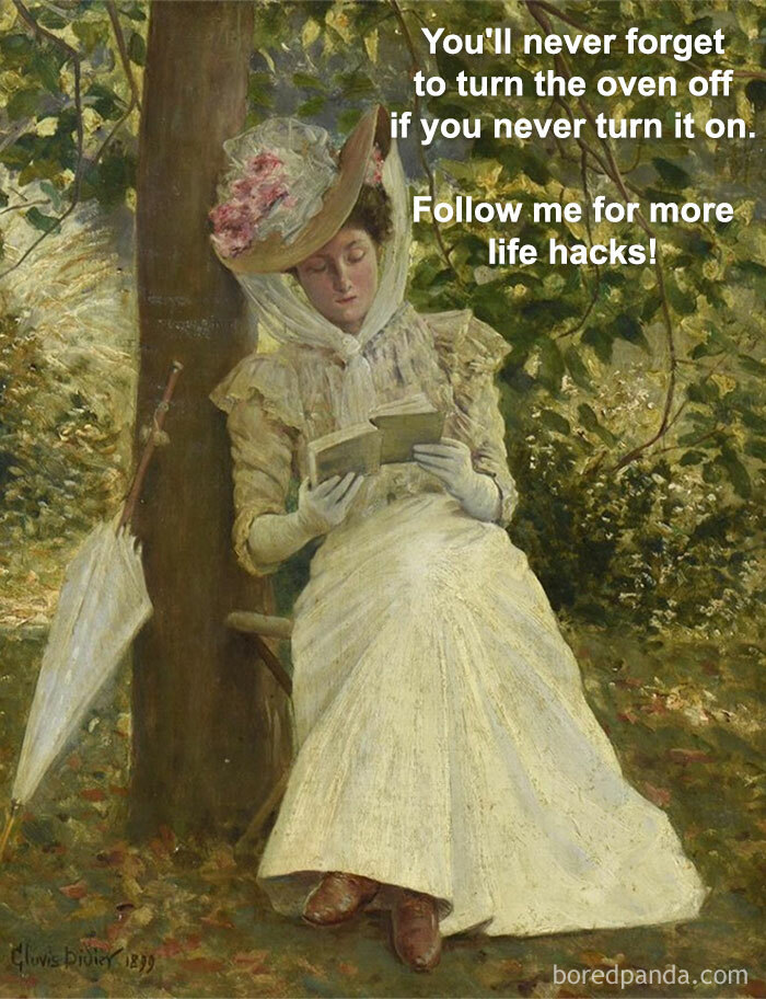 Woman in a classical painting reading, with humorous life hack text overlay.