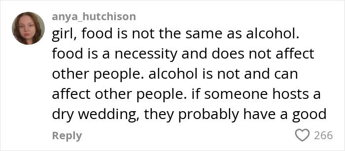 Comment discussing dry weddings and alcohol, receiving 266 likes. Comment discussing dry weddings and alcohol, receiving 266 likes.