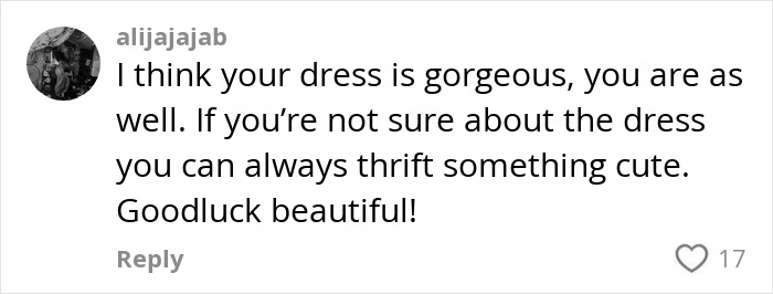 Comment supporting a teen's viral prom dress story, offering reassurance and thrifting advice. Comment supporting a teen's viral prom dress story, offering reassurance and thrifting advice.