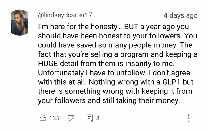 Comment from a user criticizing a fitness influencer for hiding key weight loss details from followers before selling a program. Comment from a user criticizing a fitness influencer for hiding key weight loss details from followers before selling a program.