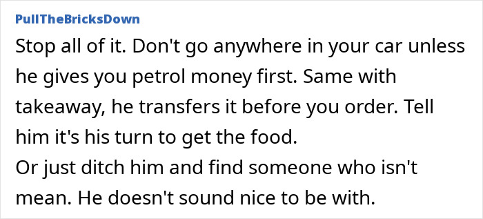 Text advice about a girlfriend tired of paying for her boyfriend while he splurges on female colleagues and accuses her of jealousy.
