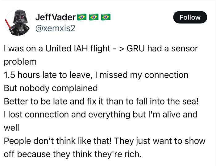 Tweet discussing flight delay experiences and passenger frustrations related to a flight delay and crew intervention.