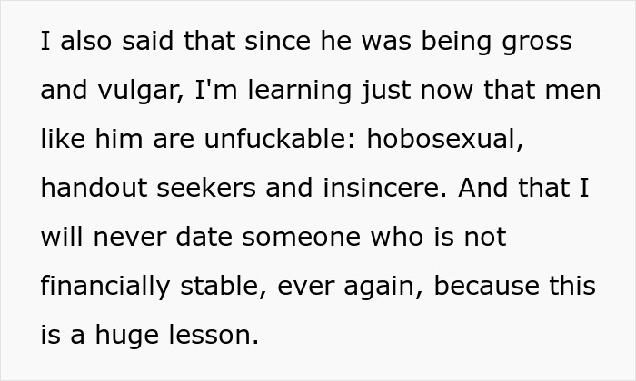 Text highlights woman's decision after learning boyfriend's financial motives, calling him insincere and a handout seeker.