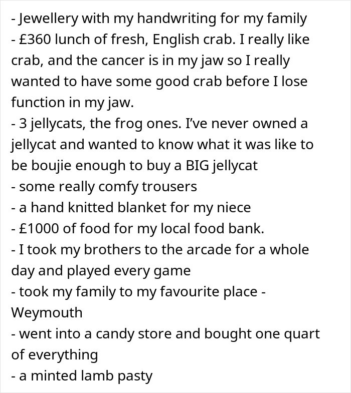 List of experiences and purchases, highlighting a good credit score use.