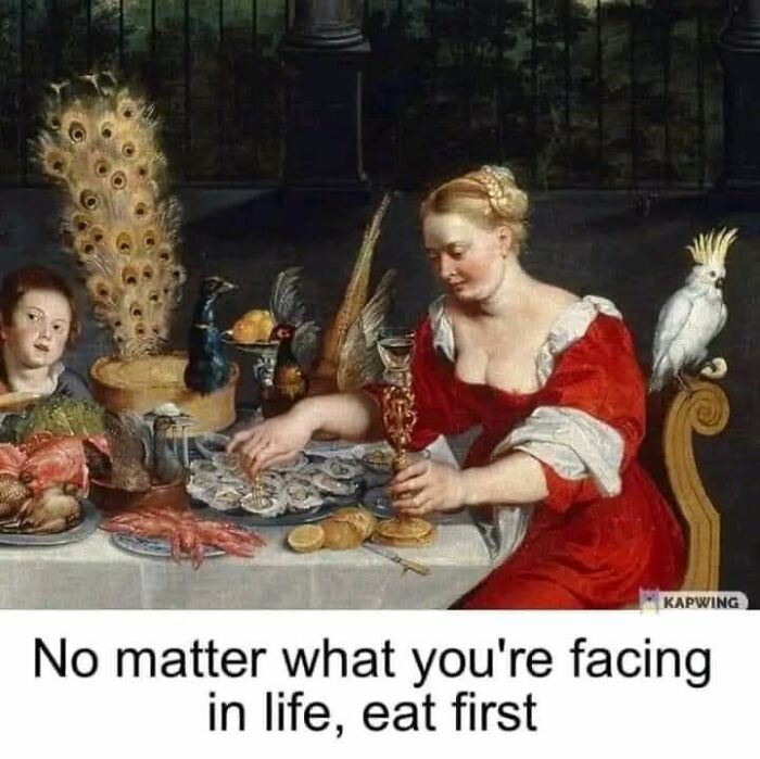 Classical art meme featuring a woman in a red dress at a lavish table combining modern humor and old paintings.