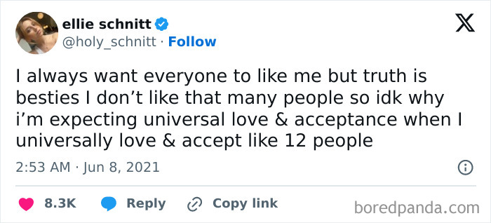Tweet by ellie schnitt expressing her anti-social feelings about universal love versus selective acceptance.