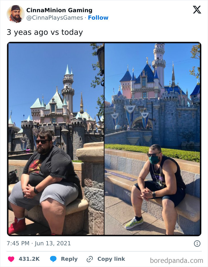 Man sitting at Disneyland before and after weight loss, showcasing a positive transformation.