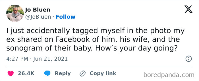 Tweet screenshot with a sarcastic joke about tagging oneself in an ex's family photo on Facebook.