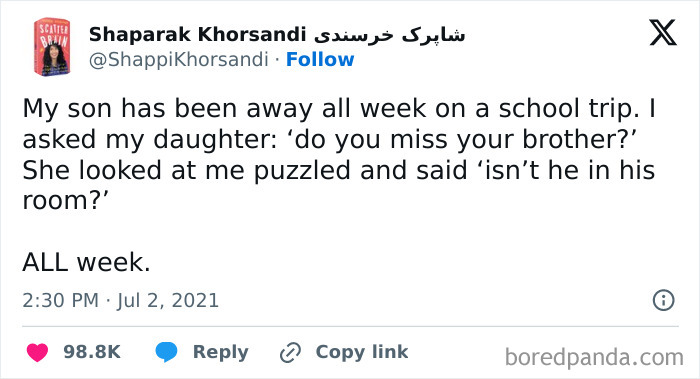 Funny tweet about a dad's question to his daughter regarding her brother's whereabouts during a school trip.