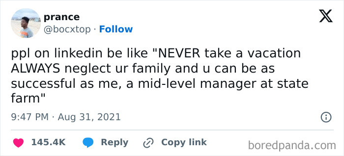 Relatable work meme about LinkedIn advice humorously critiques work-life balance from a mid-level manager's perspective.