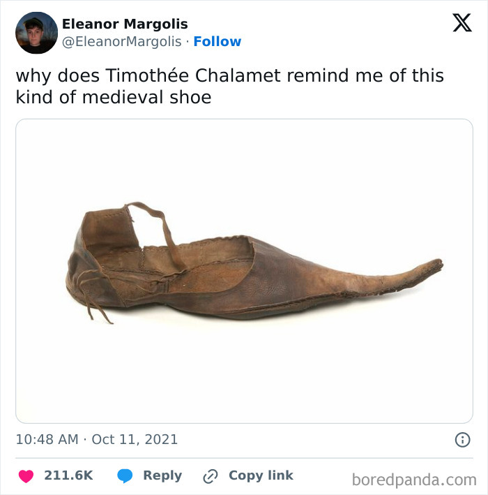Medieval shoe meme comparing its shape humorously.
