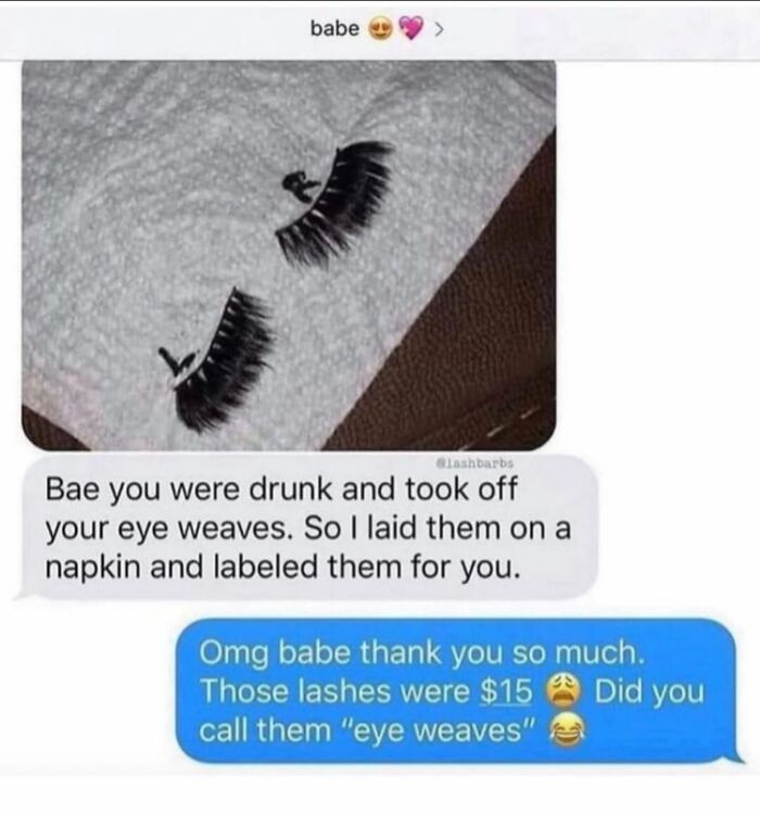 Text message meme showing removed eyelashes on a napkin, highlighting funny memes for humor and stress relief.
